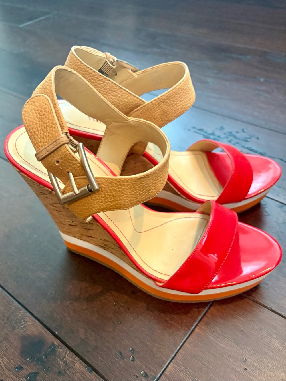 luxury rebel Red Orange Patent & Tan Cork Wedge Sandals